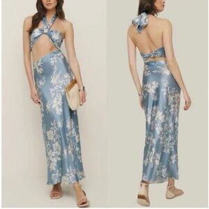 New Reformation Vivi Silk Cut Out Maxi Floral Dress Aliso Blue Sz 8
